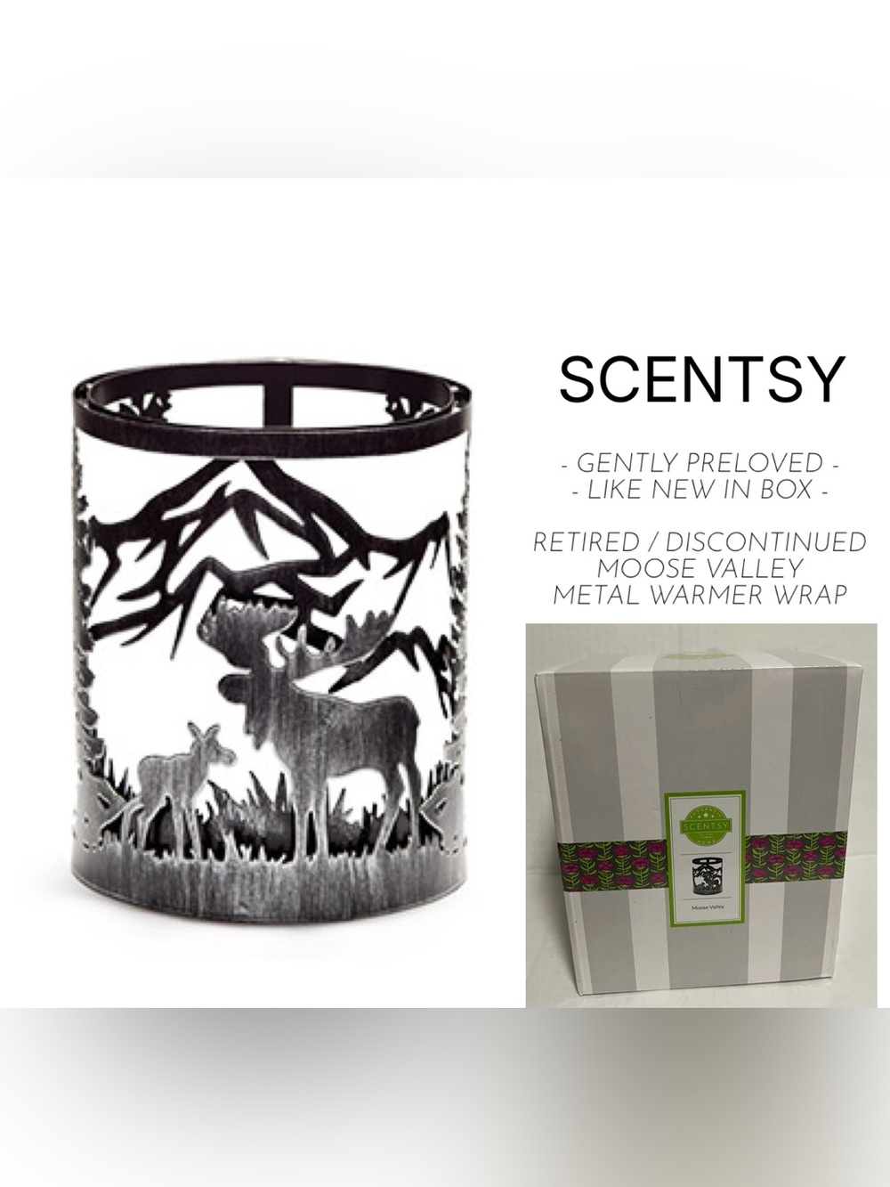SCENTSY - LIKE NEW / GENTLY PRELOVED - IN BOX - MOOSE VALLEY - METAL WARMER WRAP